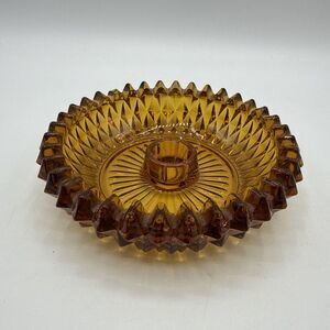 Vintage Indiana Glass Amber Taper Candle Holder Diamond Point Glass 5.25”